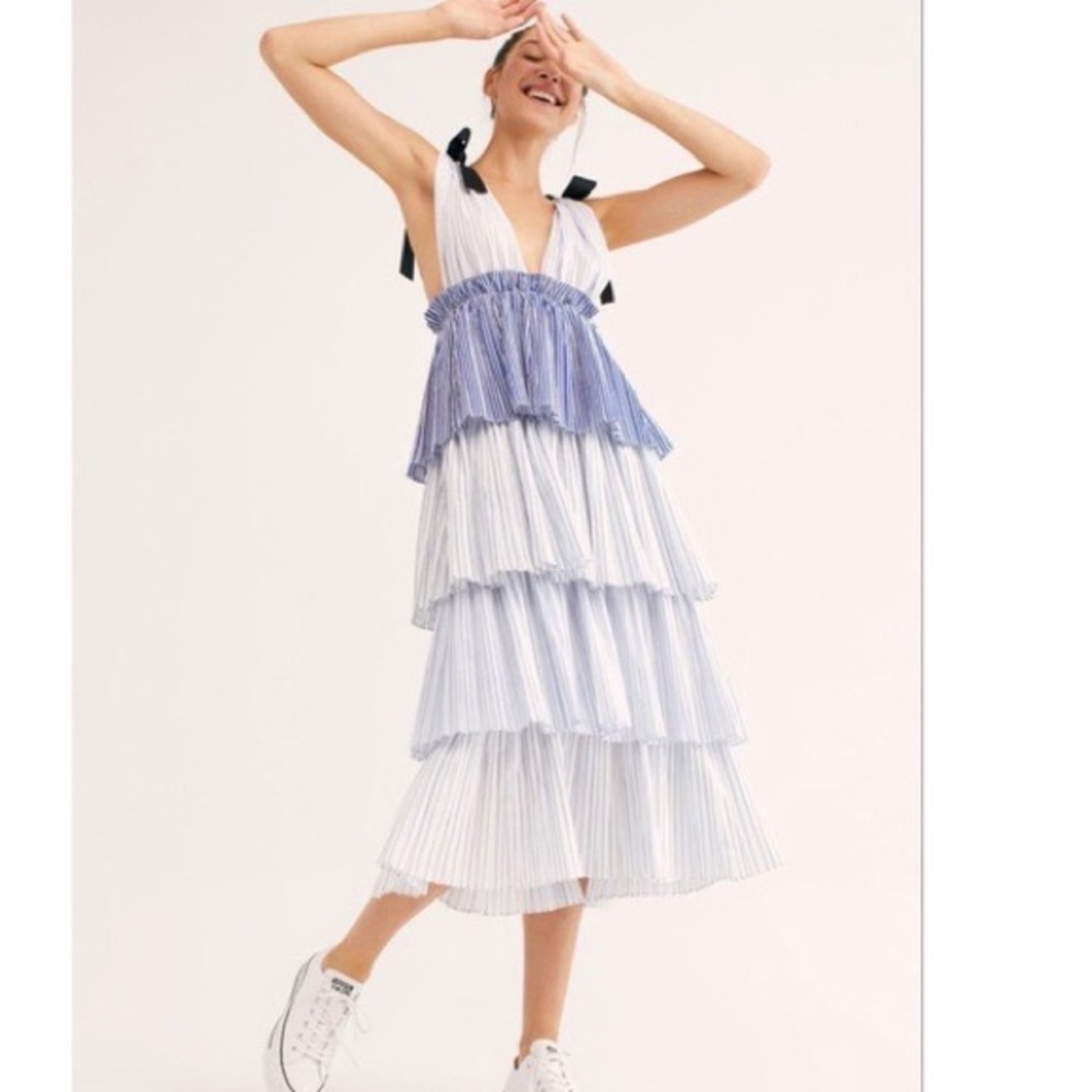 X style mafia keza blue striped tiered ruffle casual dress